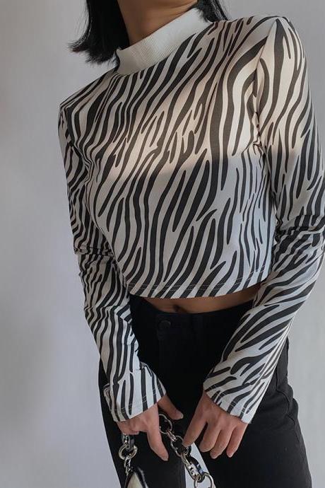 Sexy Turtleneck Zebra Print Top Long Sleeve T-Shirt