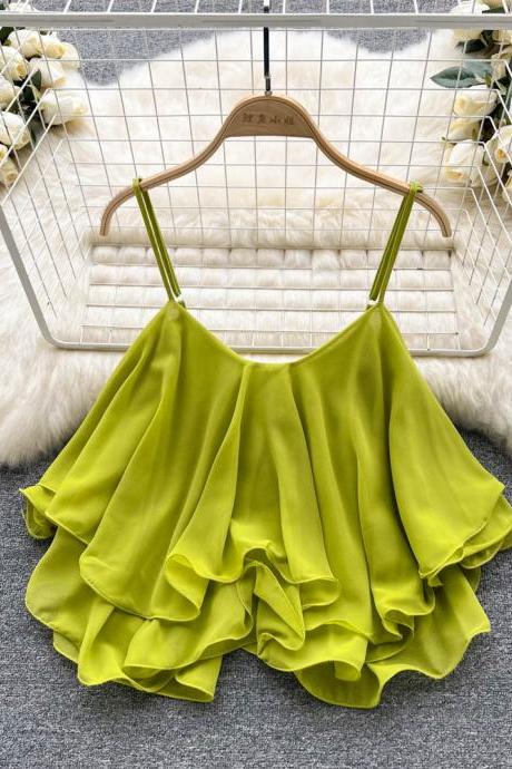 ruffled off-the-shoulder double layer sleeveless chiffon camisole top