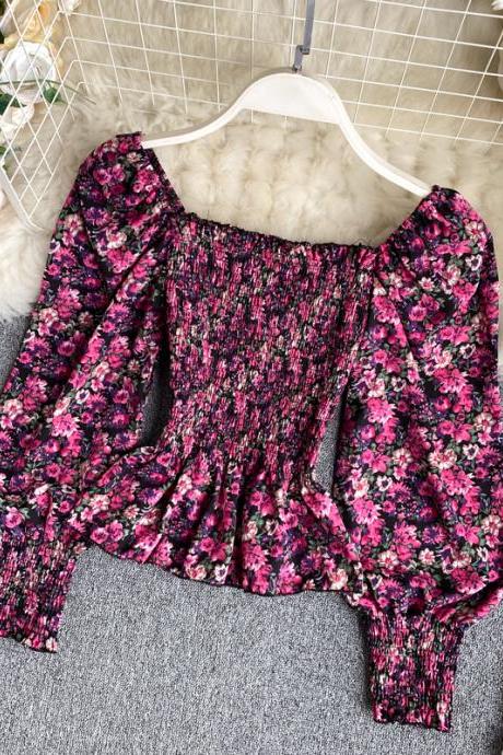 Retro Square Collar Short Puff Sleeve Top Floral Shirt