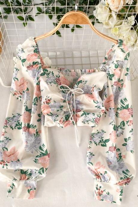 French Sweet Print Square Neck Puff Sleeve Crop Top