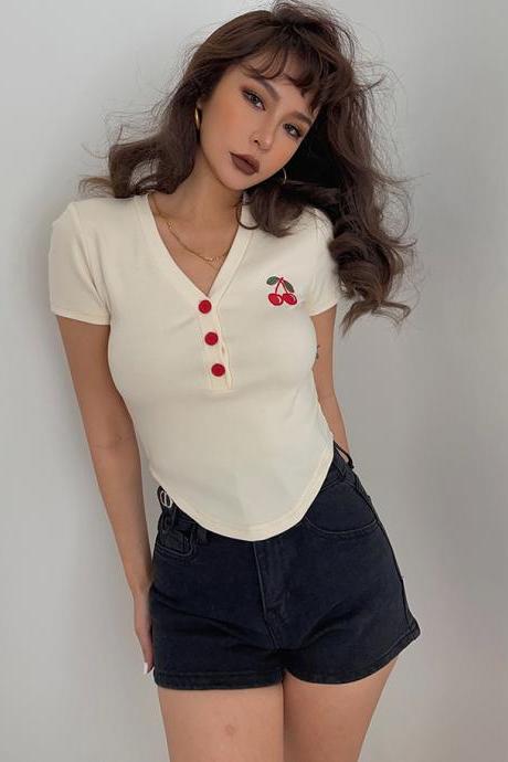 Cherry Embroidered V-Neck Short Sleeve T-Shirt