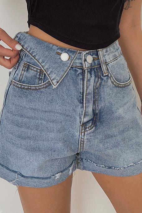 Cool Girl Raw Edge Denim Shorts High Waist Hot Pants