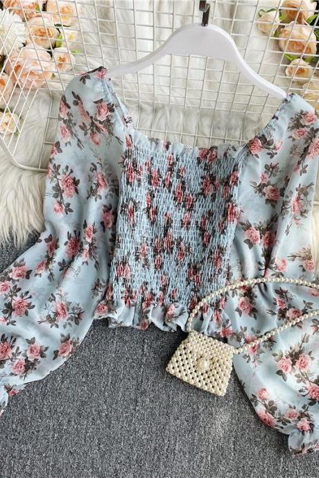 Vintage Sexy Floral Square Neck Chiffon Shirt Long Sleeve Off Shoulder Top