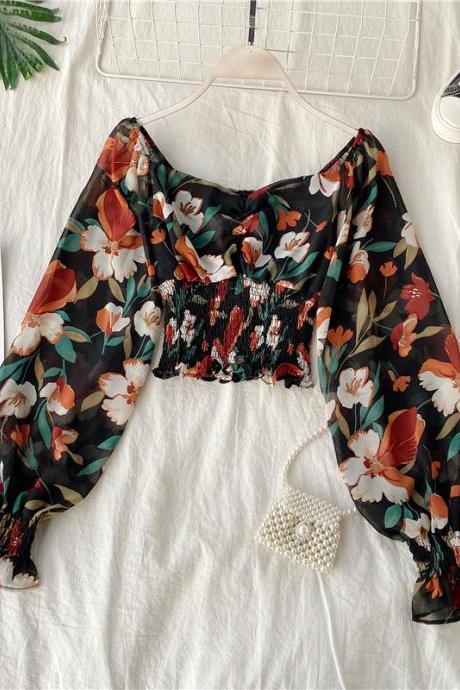 Floral Pleated Square Neck Top Cropped Long Sleeve Chiffon Shirt