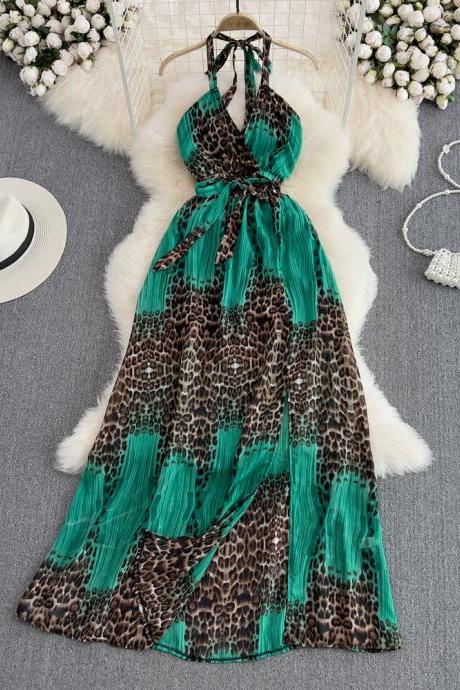 Leopard Print Sling Dress Sexy Haltered Backless Sleeveless A-line Dress