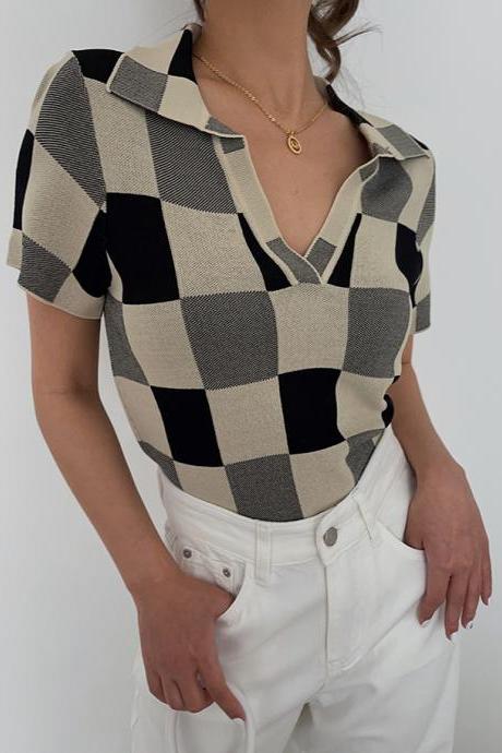 Sweet Cropped Polo Collar Plaid Knit Casual Crop Top