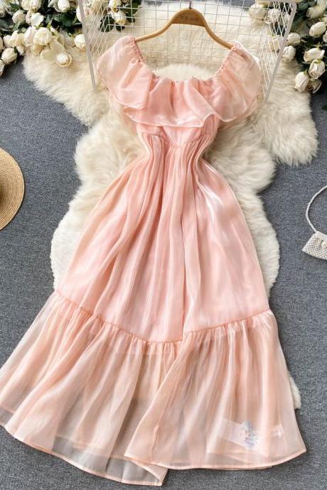 Pink Streamer Textured Ruffled One-line Neck Off-the-shoulder Holiday Dress