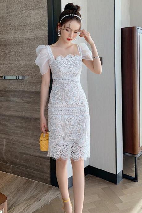 Square Neck Puff Sleeve Lace Dress