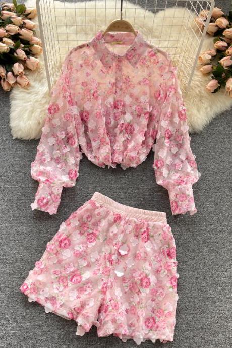 Long-Sleeved Shirt Flower Shorts Two-Piece Set