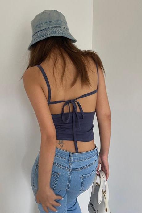 Printed beautiful back strappy vest sweet and cool hot girl slim top