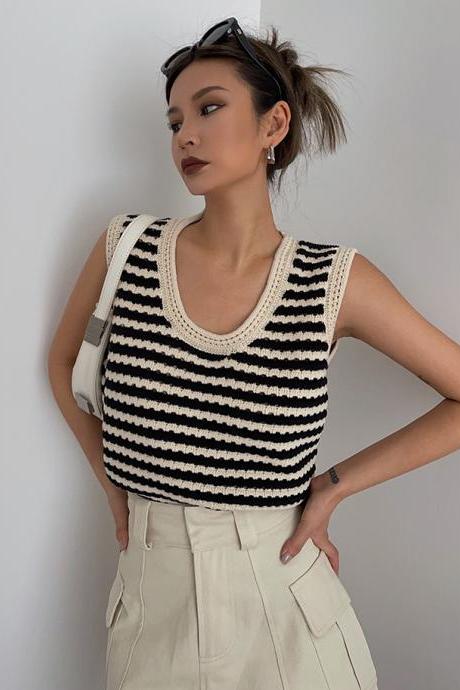 Black and White Striped Open Knit Tank Top Sling Sleeveless Vest