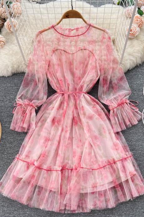 French Sweet Flared Sleeve Dress Mesh Princess Dress