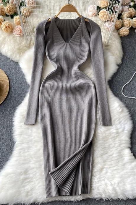 Split Knit Long Sleeve Dress Slim Fit Hip Long Dress