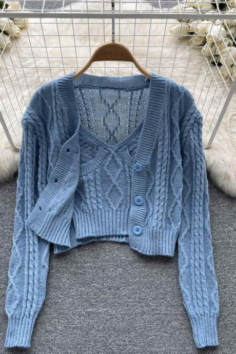 Two Piece Twist Long Sleeve Sweater Cardigan Jacket Short Camisole