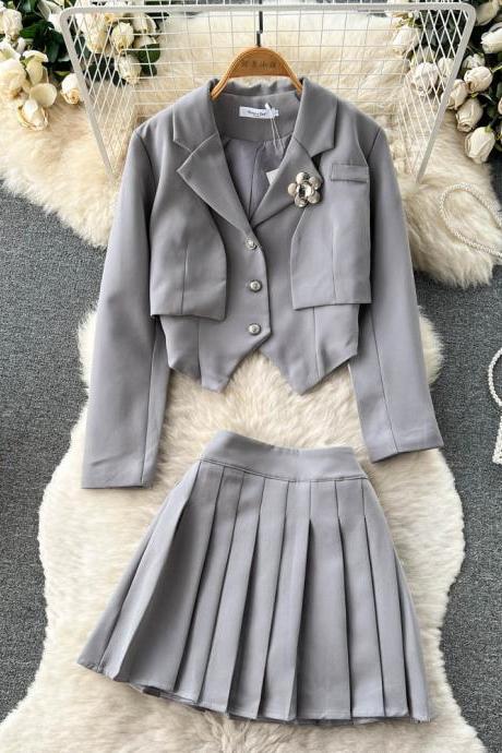 Preppy Two Piece Suit Long Sleeve Short Suit Jacket High Waist Pleated Skirt