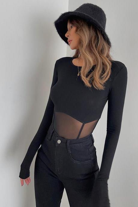 Homemade stitching hollow bodysuit mesh sexy bottoming top