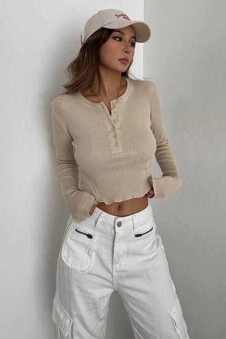Sexy Round Neck Long Sleeve Short Top