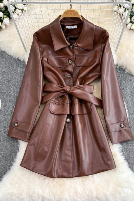 Motorcycle Mid-length Loose Waist Pu Leather Jacket Women&amp;#039;s Leather Dress