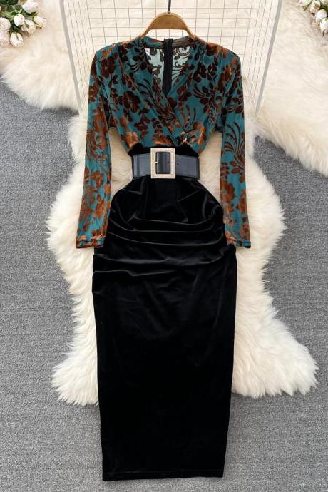 V-neck bronzing print high waist pleated stitching fake two-piece hip dress