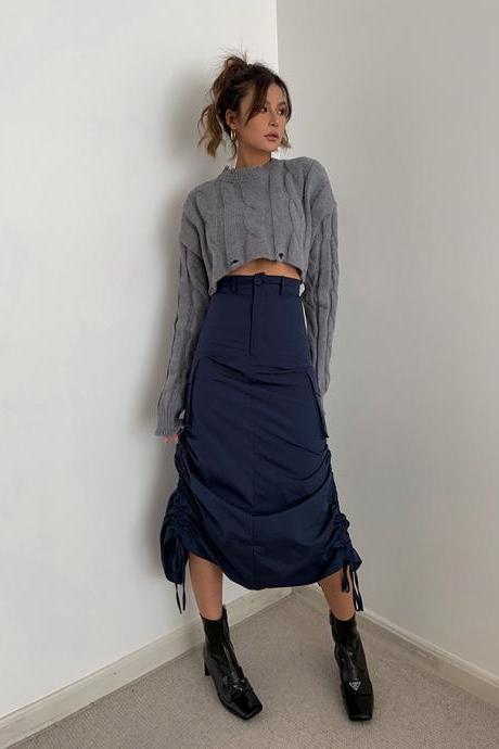 Vintage large pocket pleated high waist Spicy girl skirt