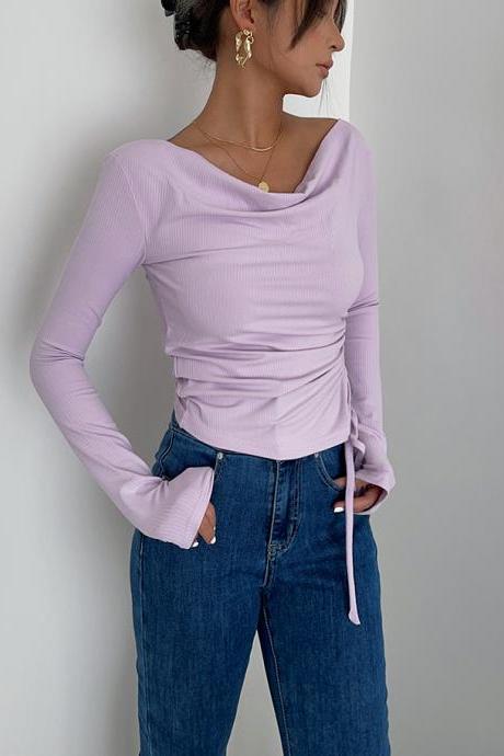 Off the neck side drawstring long sleeve base top