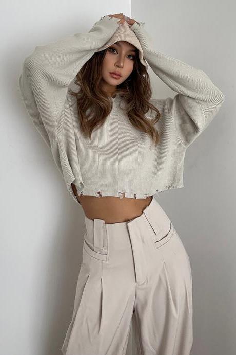 Vintage Ripped High-waisted Knit Sweater Spice Cropped Top