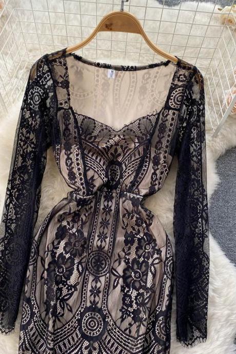 Long sleeve lace dress with square neck
