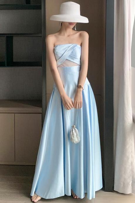 Strapless Blue Satin Prom Dress A Line Formal Dress