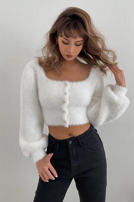 Homemade Furry Square Collar Knit Cardigan Short Sweater Jacket