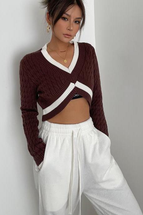 Ins Short crop-neck knit sweater Spice long sleeved blouse