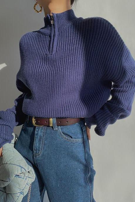 Vintage Blue Loose Stand Neck Zipper Sweater Women's knitting lazy style shirt