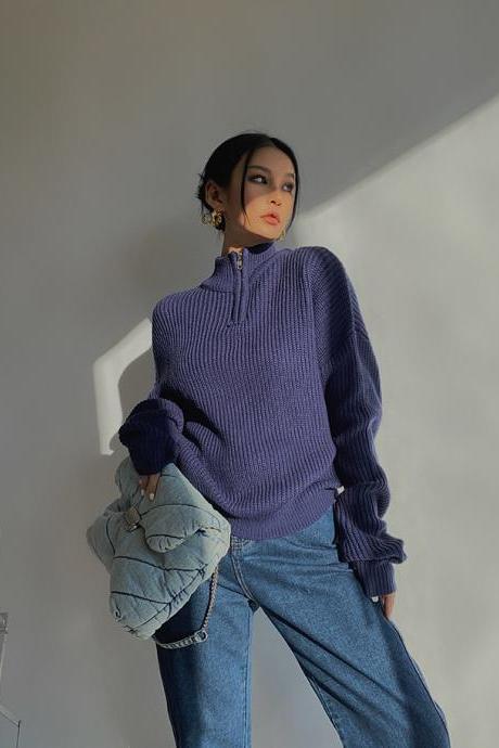 Vintage Blue Loose Stand Neck Zipper Sweater Women&amp;amp;#039;s Knitting Lazy Style Top