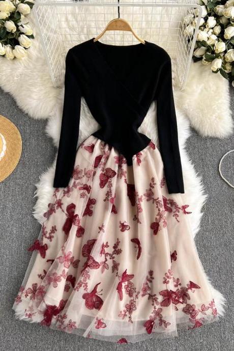 Premium Embroidery Contrast Color Long-sleeved Dress Gauze Skirt