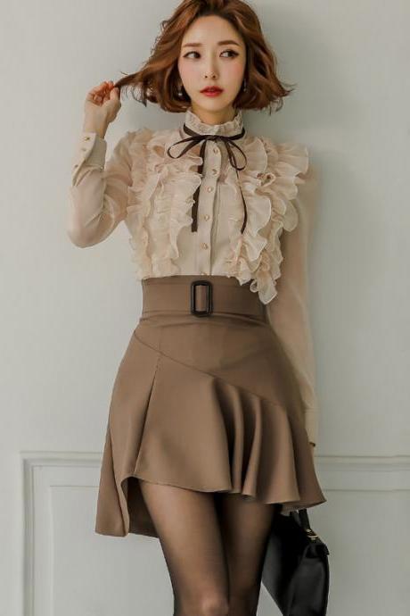 Elegant stand-up collar see-through shirt + ruffled skirt two-piece set