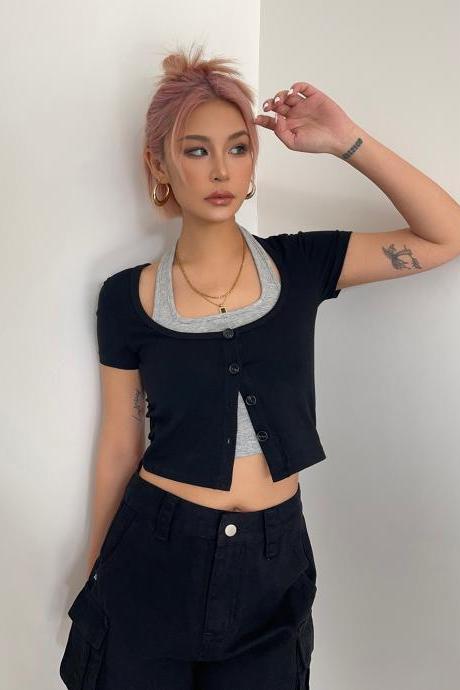 Articulated fake two-piece high-waisted crop top