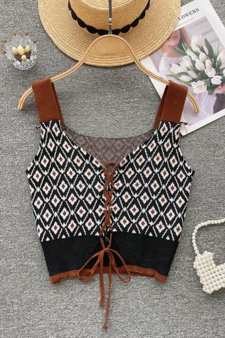 French Strapless Top Drawstring Lace-up Short Knitted Suspender Vest