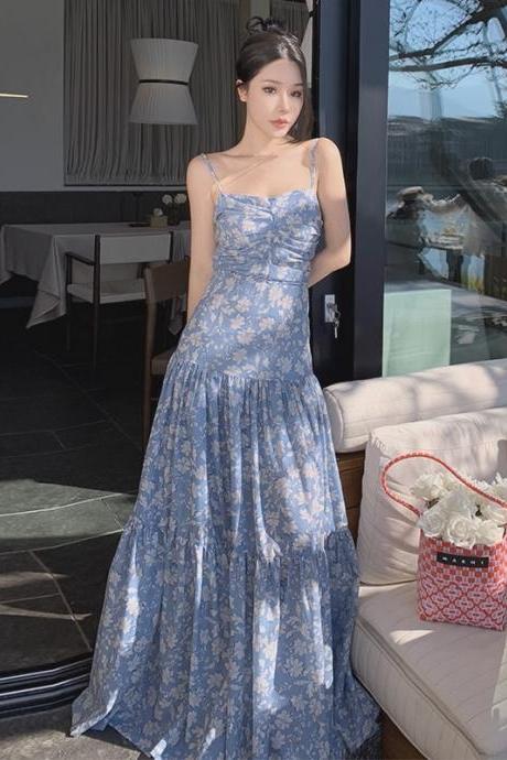 Blue Floral Chiffon Maxi Dress Spaghetti Straps Long Dress Holiday Beach Dress