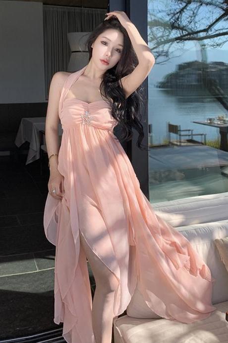 Halter-neck Pink Sweetheart Beaded Backless Irregular Chiffon Maxi Dress