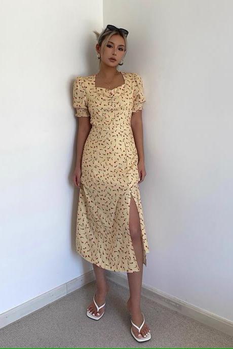 French Square Collar Yellow Floral Dress