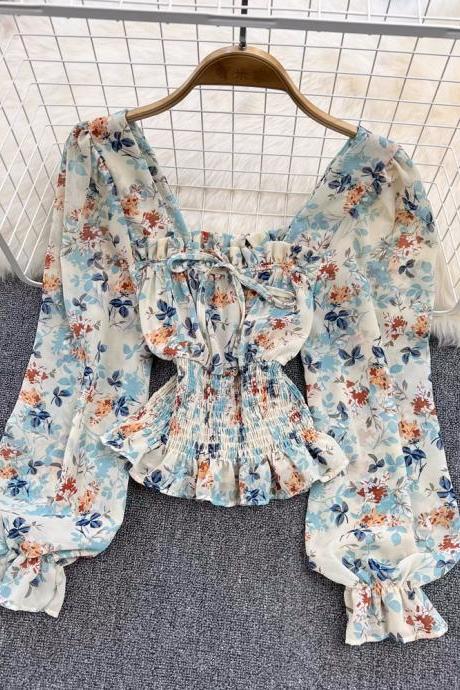 Vintage Square Neck Puffed Sleeve Ruffled Floral Chiffon Top