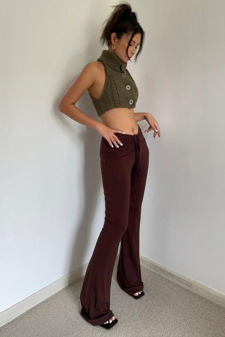 Homemade Instagram Sexy Bag Hip Slim-fit Flared Pants With Pleated Lace-up Pants