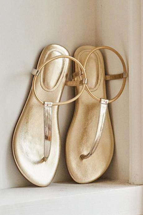 Leather Gold Roman Sandals Flat-bottom Flip-flops