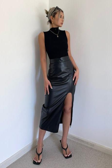 Modern Femme Black High Rise Vegan Leather Midi Skirt