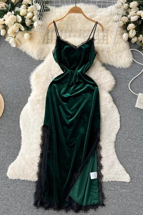 Emerald Green V Neck Velvet Slit Bodycon Midi Dress