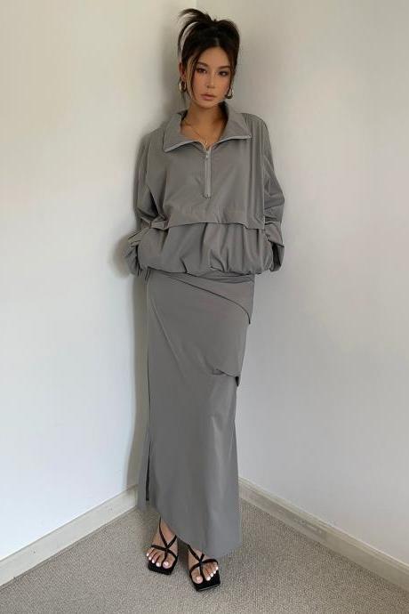 Women&amp;amp;#039;s Two Piece Outfits Loose Gray Zip-up Stand-up Collar Jacket And High-waisted Skirt Sets