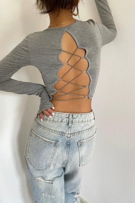 Long Sleeved Backless T-shirt Lace-up Cropped Top
