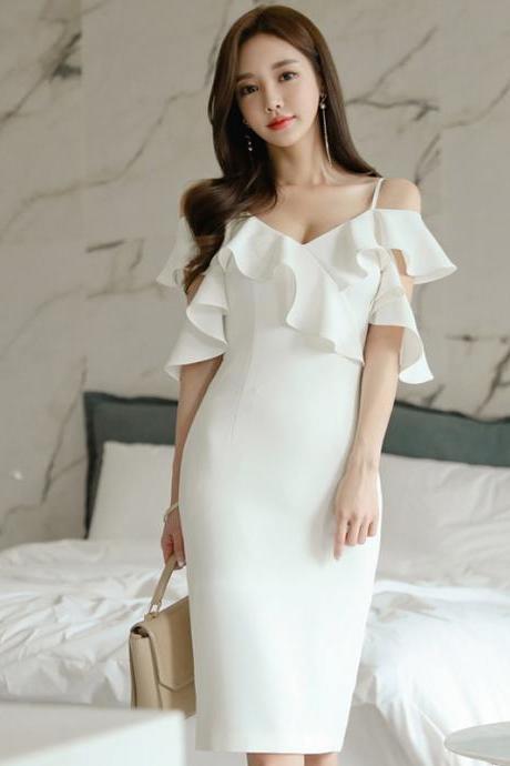 Elegant White V-neck Off The Shoulder Bodycon Dress Ruffled Party Dress
