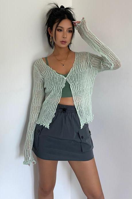 Long Sleeve Tie Up Front Hollow Out Sheer Knit Crop Cardigan