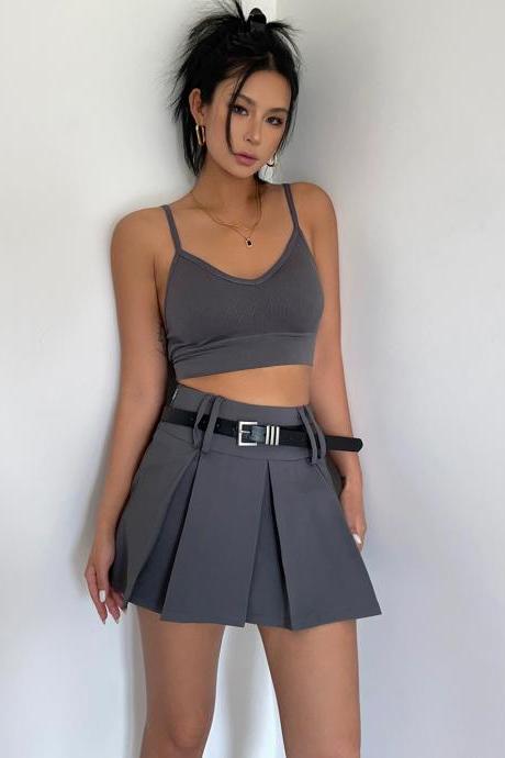 High Waist Pleated A-line Skater Mini Skirt With Belt