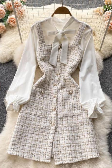 Plaid Button Front Long Sleeve Tweed A Line Two Piece Short Dress